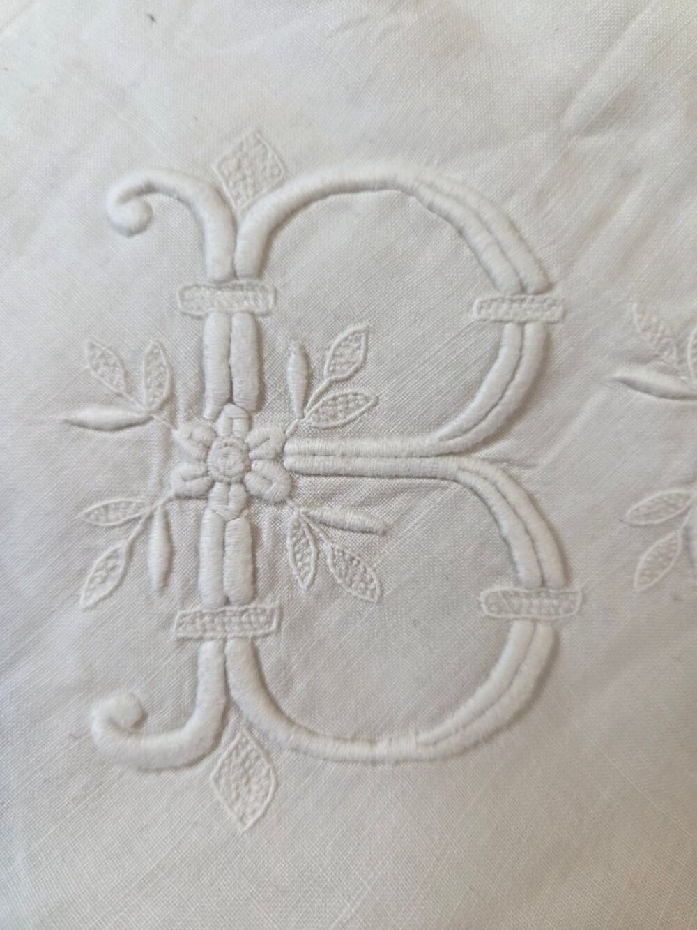 ANTIQ French Mono Euro Sham Pillow Cutwork Button Closure White Linen Embroidery - Picture 10 of 11